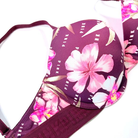 VS PINK Wear Everywhere T-Shirt Lightly Lined Bra - Maroon Pink Floral - 32D - Picture 7 of 7
